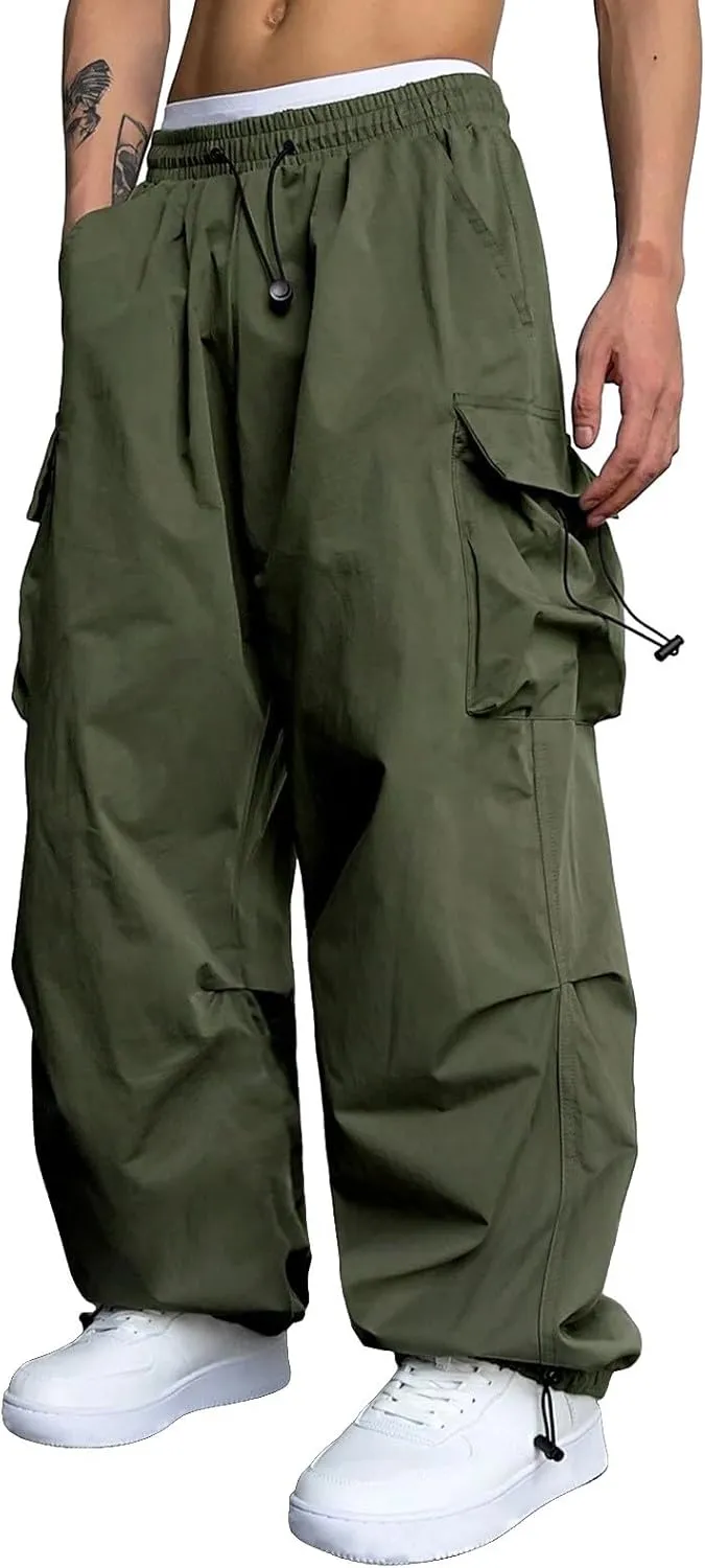 Mens Baggy Cargo Pants, Parachute Pants Causal Loose Fit Joggers, Trendy Harem Pants, Hip Hop Streetwear with Pockets