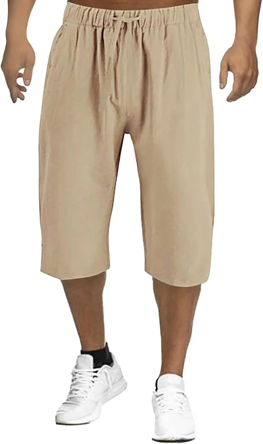 Mens Capri Baggy Harem Pants, Casual Linen Pants, Beach Summer Elastic Waist Drawstring Lightweight Linen Short Trousers