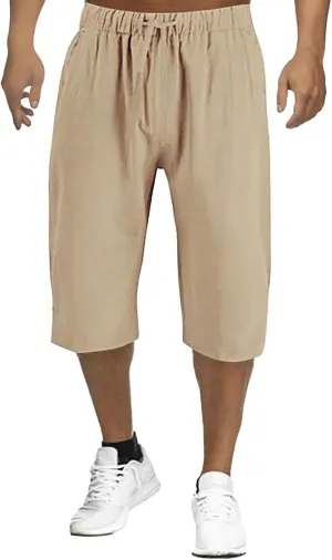 Mens Capri Baggy Harem Pants, Casual Linen Pants, Beach Summer Elastic Waist Drawstring Lightweight Linen Short Trousers