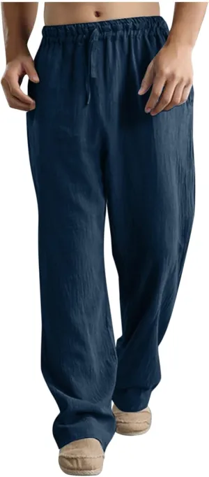Mens Casual Cotton Pants, Drawstring Pants Men, Lightweight Elastic Waist Summer Beach Trousers Plus Size Pockets