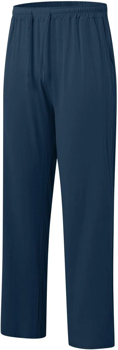 Mens Casual Cotton Pants, Drawstring Pants Men, Lightweight Elastic Waist Summer Beach Trousers Plus Size Pockets