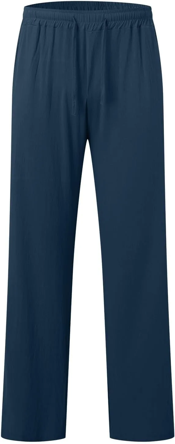 Mens Casual Cotton Pants, Drawstring Pants Men, Lightweight Elastic Waist Summer Beach Trousers Plus Size Pockets