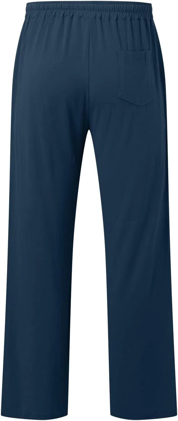 Mens Casual Cotton Pants, Drawstring Pants Men, Lightweight Elastic Waist Summer Beach Trousers Plus Size Pockets