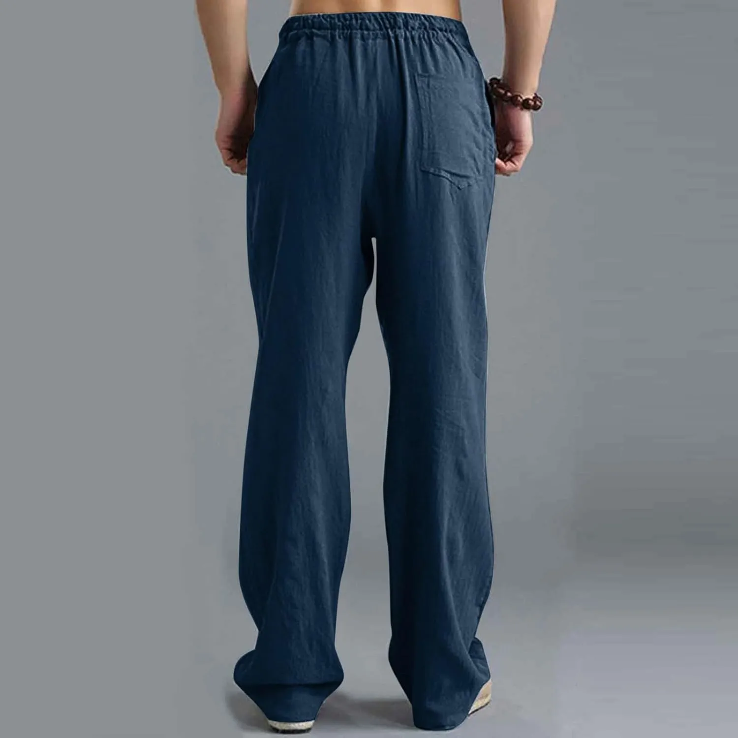 Mens Casual Cotton Pants, Drawstring Pants Men, Lightweight Elastic Waist Summer Beach Trousers Plus Size Pockets