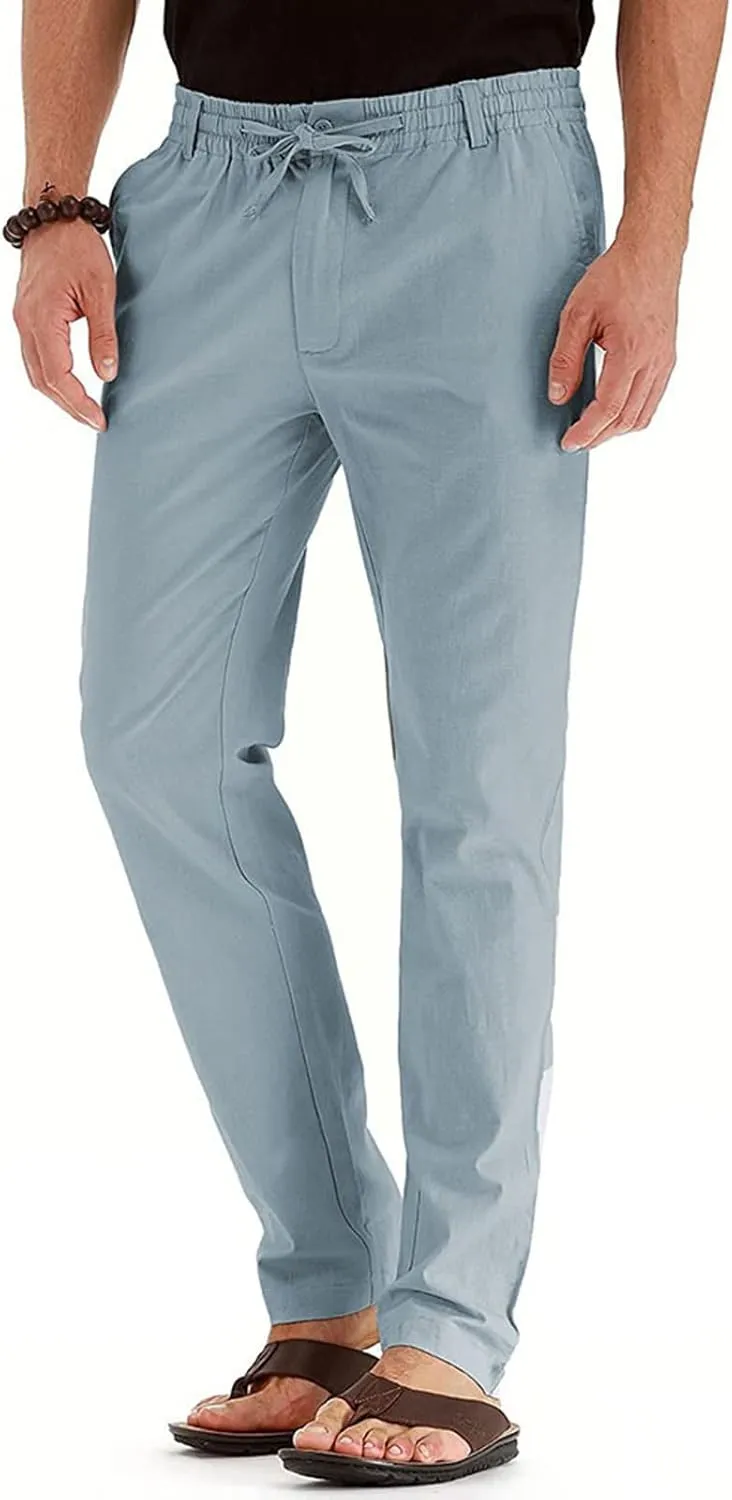 Men's Casual Pants, Waffle Linen Pants, Lightweight Sweatpants Open Bottom Lounge Joggers, Loose Fit Beach Summer Pants