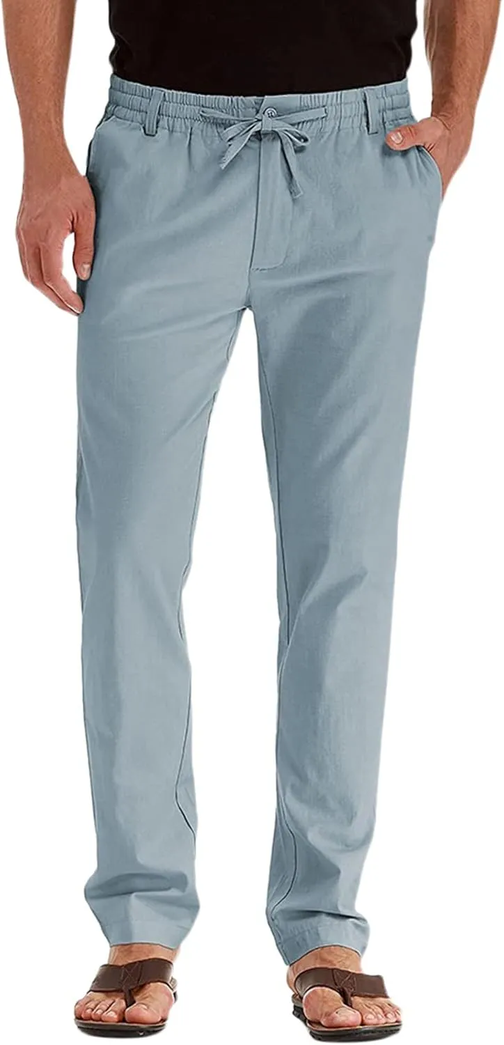 Men's Casual Pants, Waffle Linen Pants, Lightweight Sweatpants Open Bottom Lounge Joggers, Loose Fit Beach Summer Pants