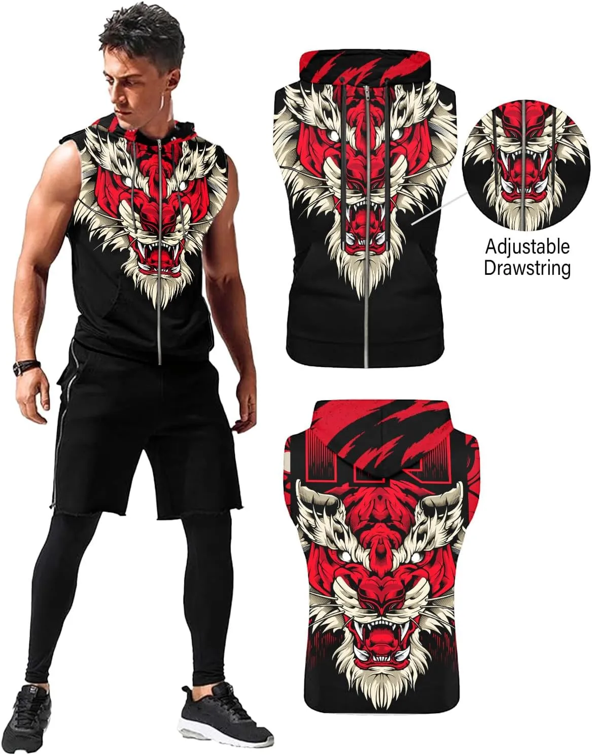 Mens Fashion Muscle Hooded Workout Hooded Tank Tops with Pocket Gym Training Zip Hoodies Sleeveless