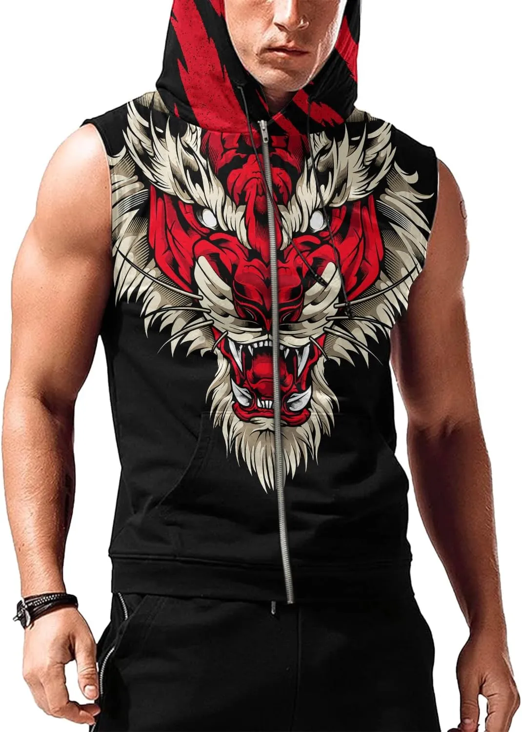 Mens Fashion Muscle Hooded Workout Hooded Tank Tops with Pocket Gym Training Zip Hoodies Sleeveless
