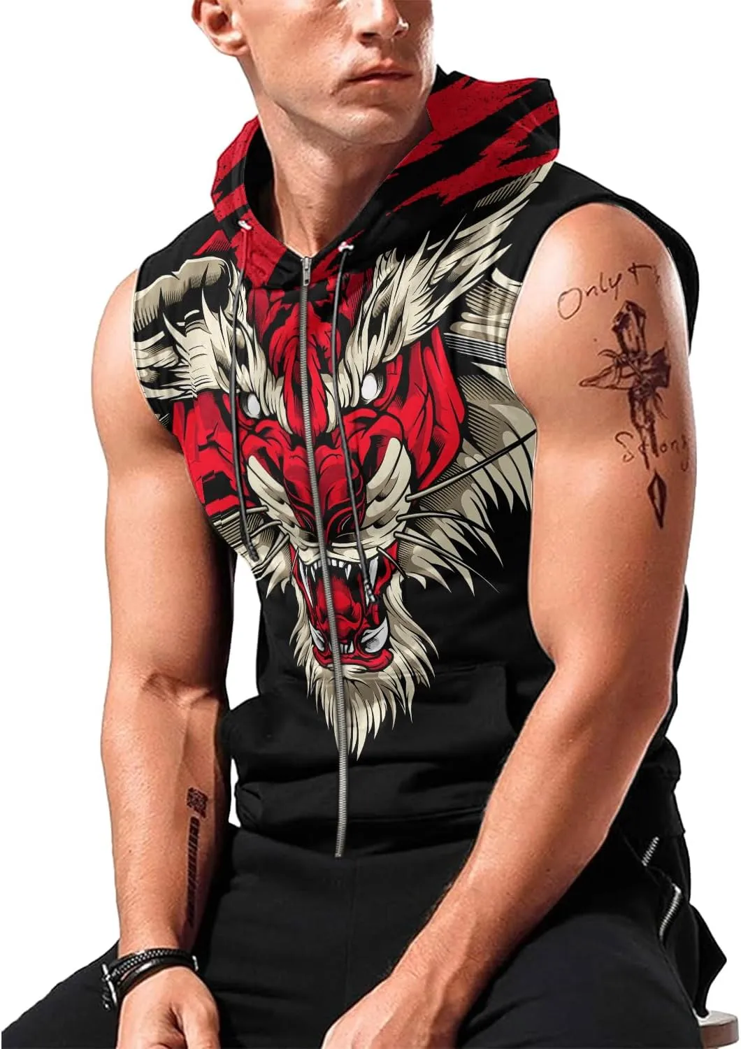 Mens Fashion Muscle Hooded Workout Hooded Tank Tops with Pocket Gym Training Zip Hoodies Sleeveless