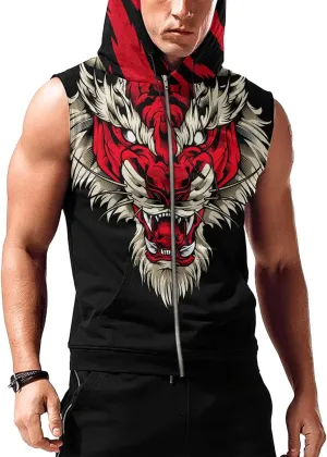 Mens Fashion Muscle Hooded Workout Hooded Tank Tops with Pocket Gym Training Zip Hoodies Sleeveless