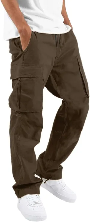 Men's Lightweight Fleece Cargo Sweatpants Baggy Elastic Waist Drawstring Pants Pockets Running Joggers Trousers