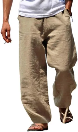Men's Linen Pants Summer Beach Pant Casual Solid Drawstring Yoga Pants Trousers