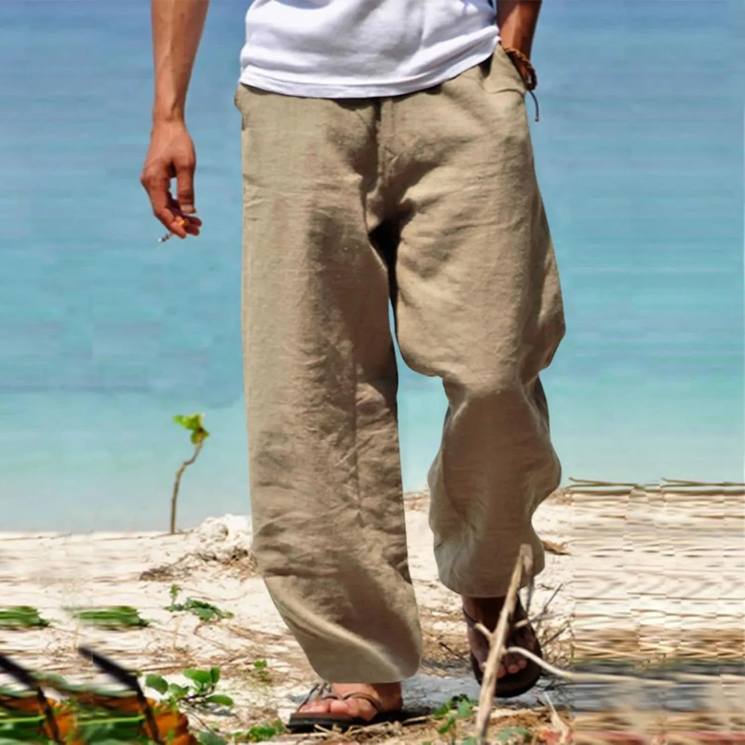 Men's Linen Pants Summer Beach Pant Casual Solid Drawstring Yoga Pants Trousers