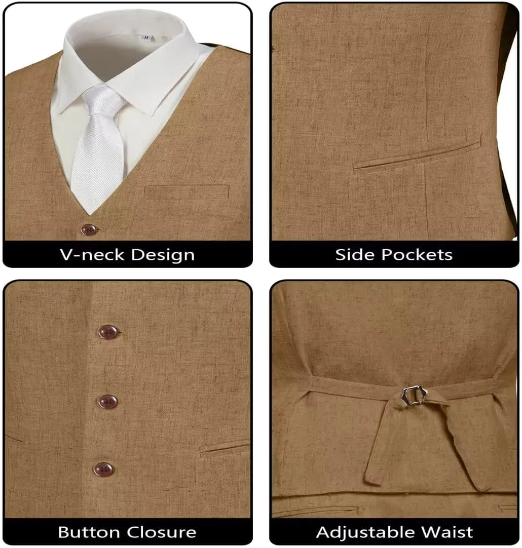 Men's Linen Suits 2 Piece Slim Fit Suit Prom Beach Wedding Groomsman Vest Pants Set Casual Summer Linen Outfit