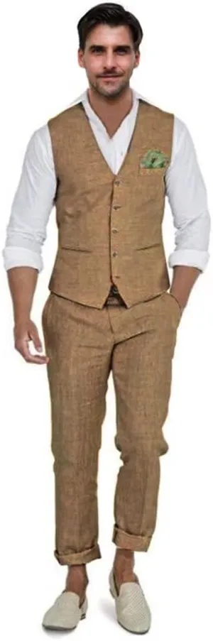 Men's Linen Suits 2 Piece Slim Fit Suit Prom Beach Wedding Groomsman Vest Pants Set Casual Summer Linen Outfit