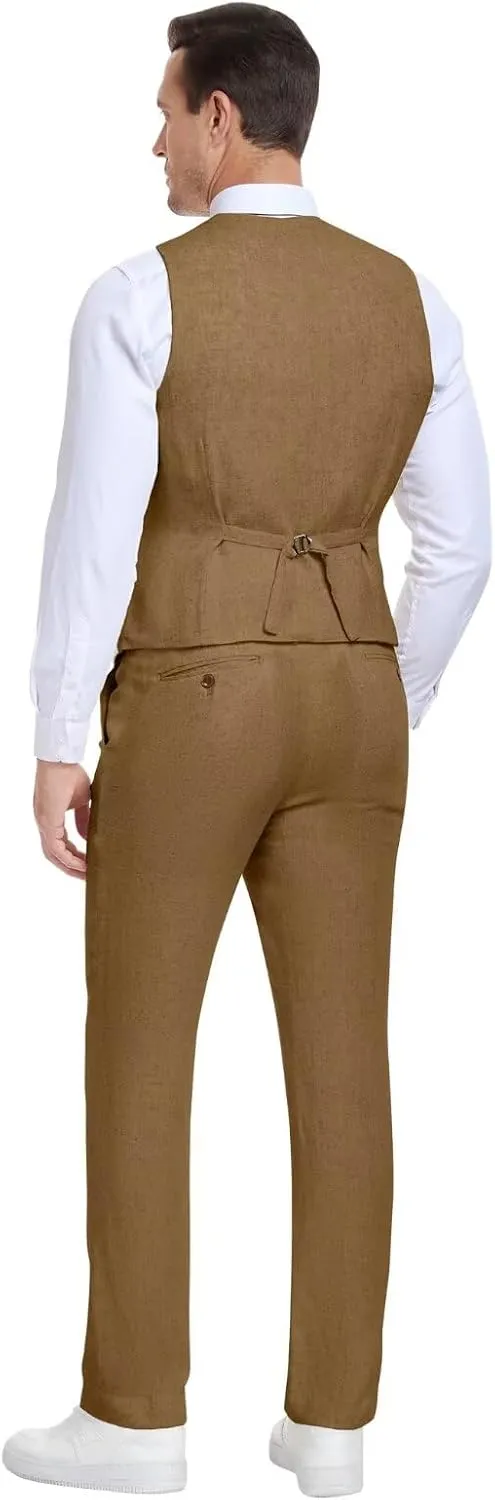 Men's Linen Suits 2 Piece Slim Fit Suit Prom Beach Wedding Groomsman Vest Pants Set Casual Summer Linen Outfit