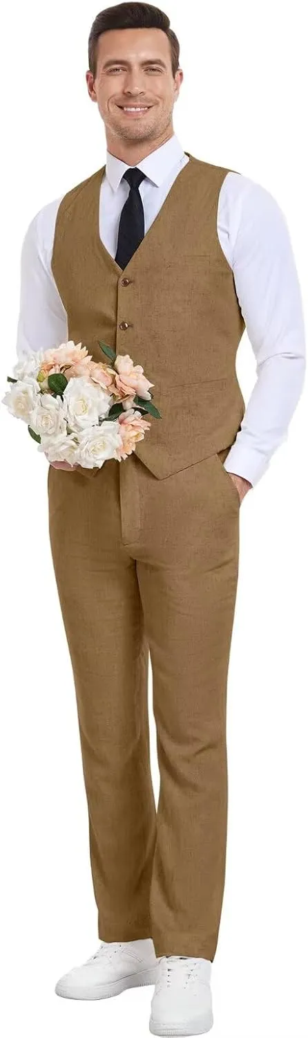 Men's Linen Suits 2 Piece Slim Fit Suit Prom Beach Wedding Groomsman Vest Pants Set Casual Summer Linen Outfit