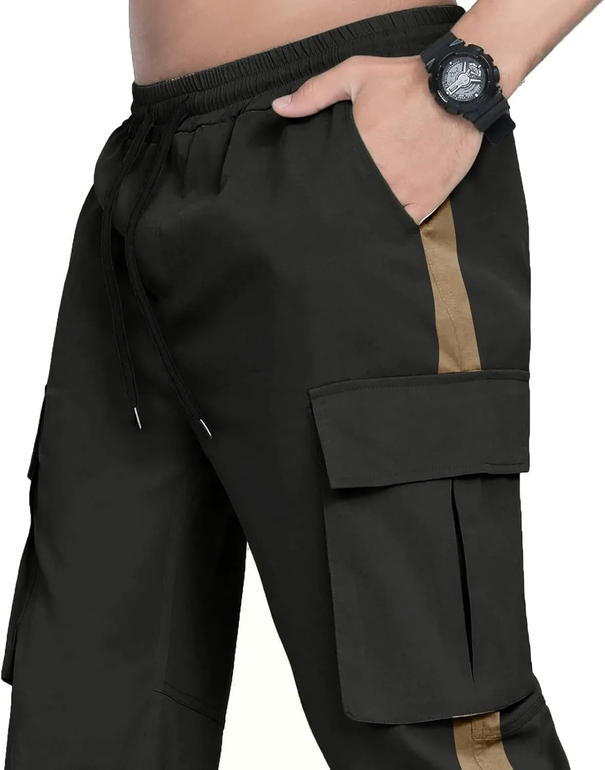 Mens Loose Cargo Pants Sports Hat Multi Woven Pocket Foot Rope Solid Pants Street Cargo Baggy Camo Tactical Trousers