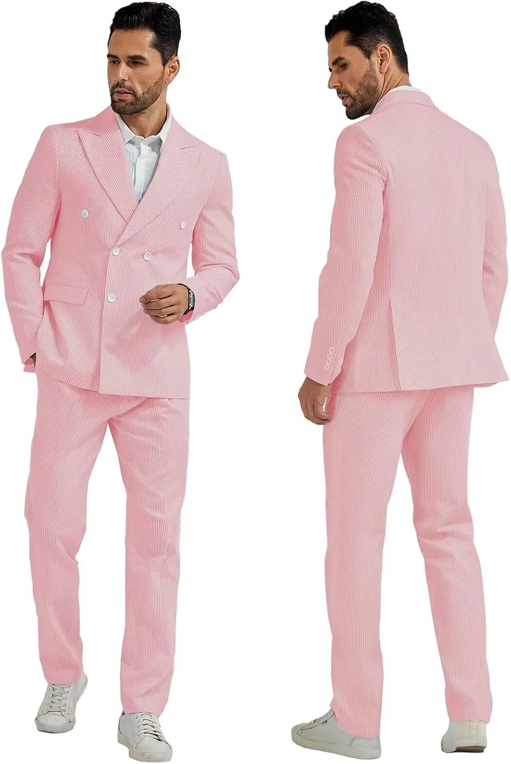 Mens Suit Summer Seersucker 2 Piece Double Breasted Buckle Striped Tuxedos for Men Wedding Suits Cotton Beach Party
