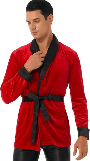 Men's Vintage Velvet Bachelor Smoking Jacket with Belt Short Loungewear Robe for Home Dinner Christmas Party