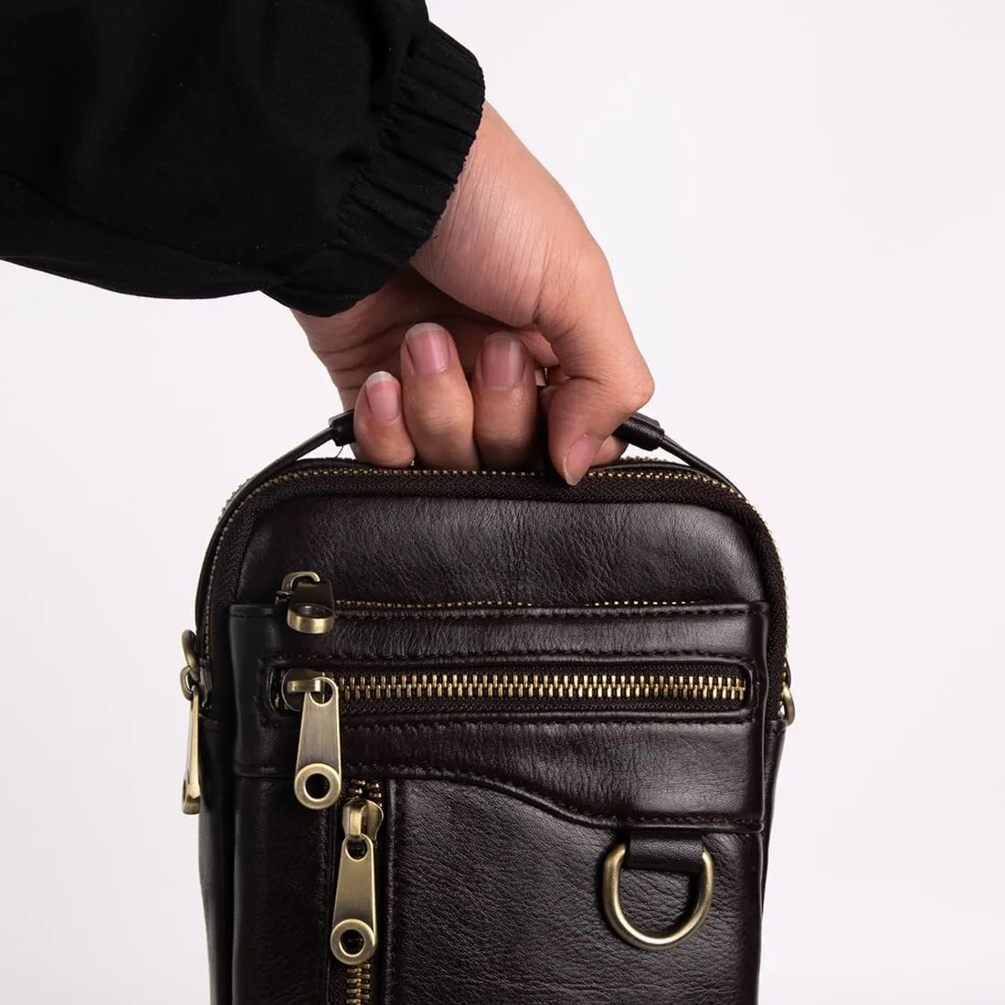 Men's Waist Belt Bag with Shoulder Strap and Top Handle Real Leather 3 Way Business Outdoor Travel Cellphone Pouch Security Purse Daypack Lightweight Vertical Black