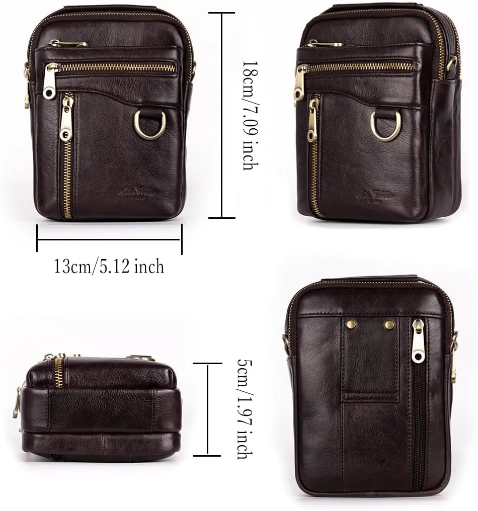 Men's Waist Belt Bag with Shoulder Strap and Top Handle Real Leather 3 Way Business Outdoor Travel Cellphone Pouch Security Purse Daypack Lightweight Vertical Black