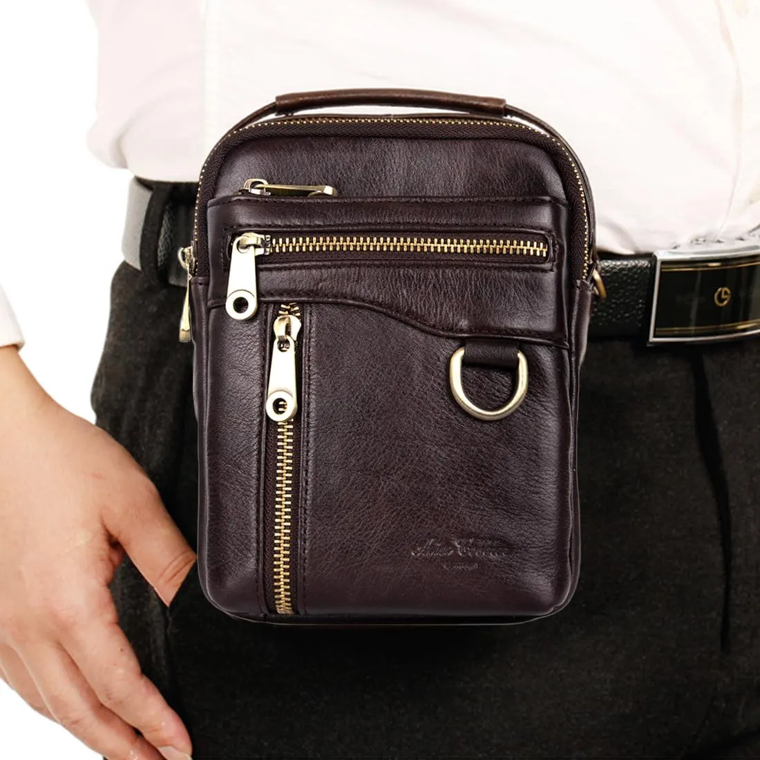 Men's Waist Belt Bag with Shoulder Strap and Top Handle Real Leather 3 Way Business Outdoor Travel Cellphone Pouch Security Purse Daypack Lightweight Vertical Black