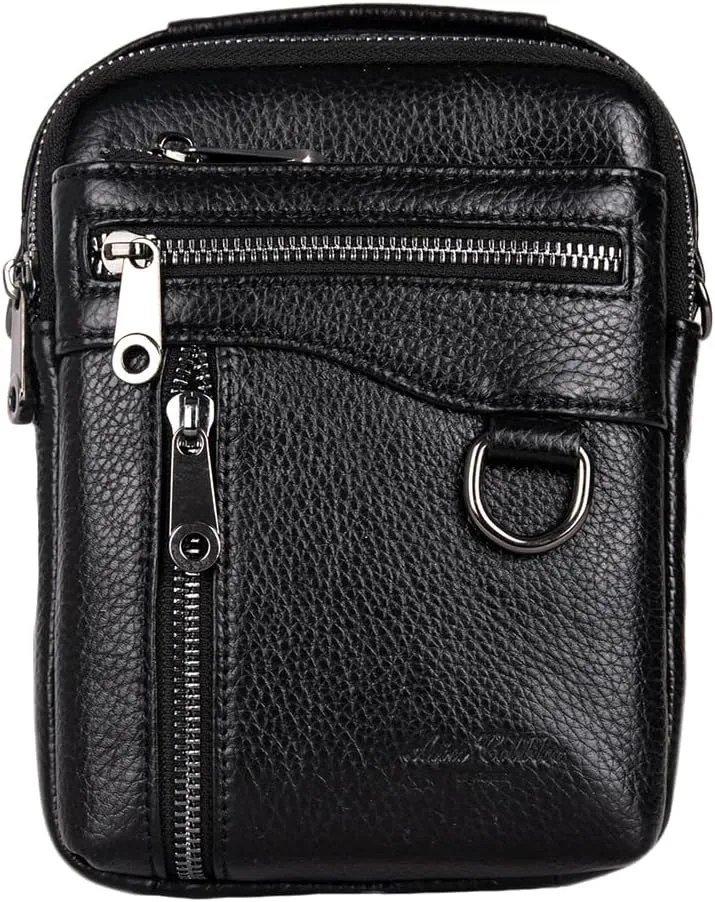 Men's Waist Belt Bag with Shoulder Strap and Top Handle Real Leather 3 Way Business Outdoor Travel Cellphone Pouch Security Purse Daypack Lightweight Vertical Black