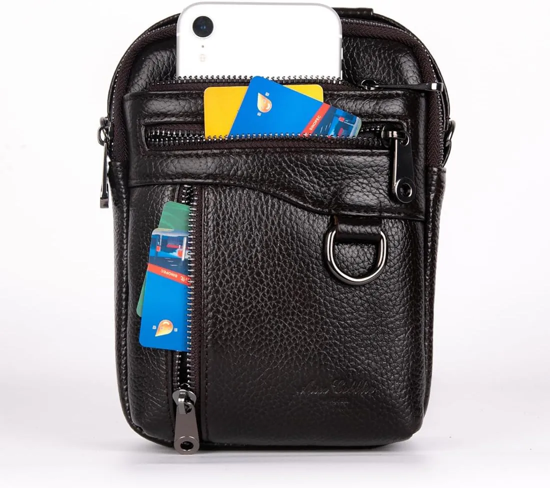 Men's Waist Belt Bag with Shoulder Strap and Top Handle Real Leather 3 Way Business Outdoor Travel Cellphone Pouch Security Purse Daypack Lightweight Vertical Black
