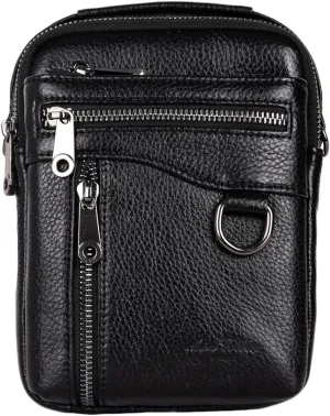 Men's Waist Belt Bag with Shoulder Strap and Top Handle Real Leather 3 Way Business Outdoor Travel Cellphone Pouch Security Purse Daypack Lightweight Vertical Black