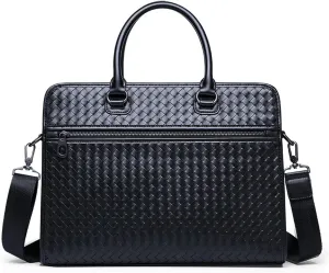 Men's Woven Leather Briefcase Laptop Bag, Office Shoulder Handbag, Business Travel Bag (Black)