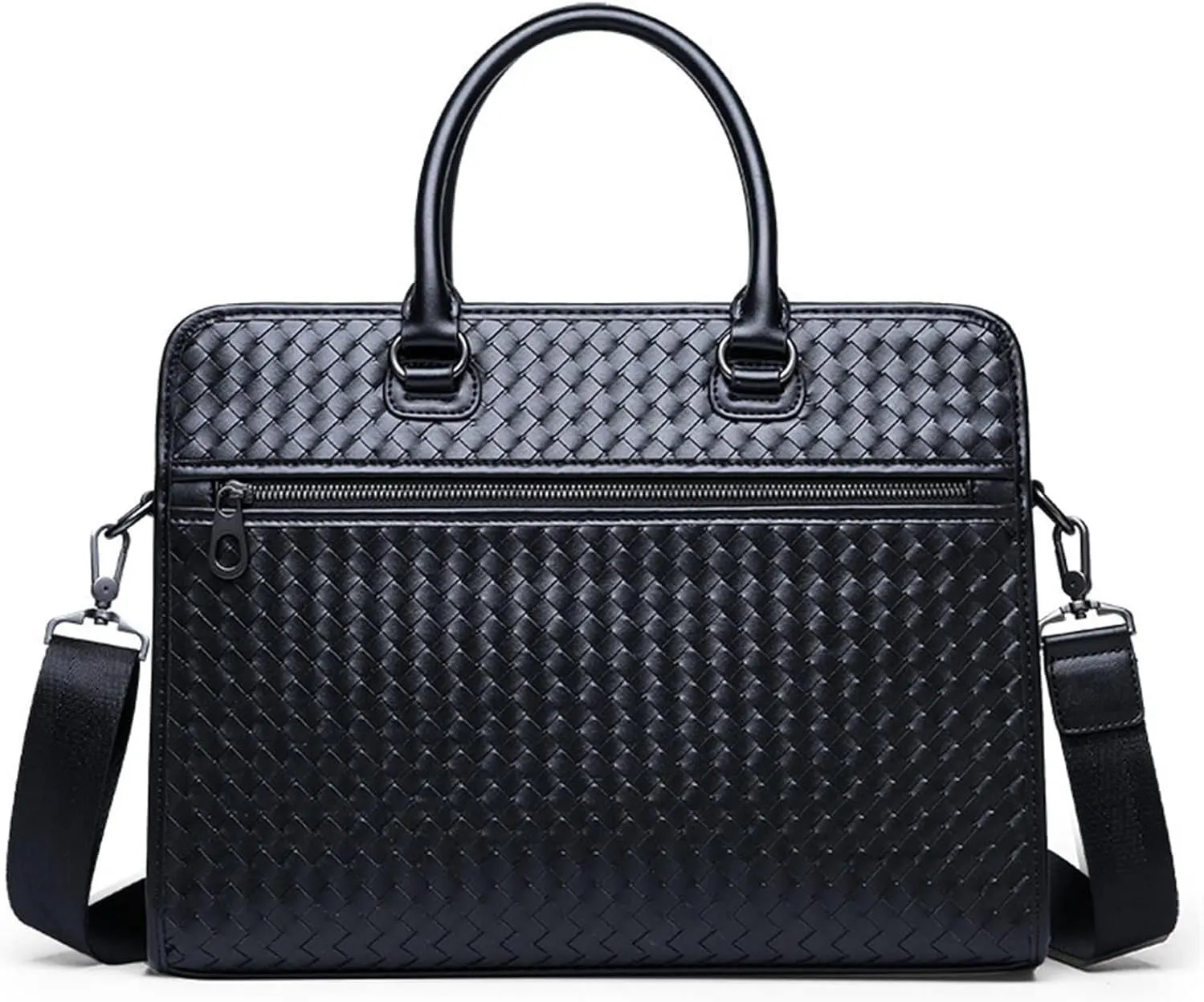 Men's Woven Leather Briefcase Laptop Bag, Office Shoulder Handbag, Business Travel Bag (Black)