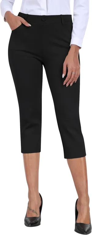 MoFiz Women's Capri Pants Summer Pull-On Stretch Straight Leg Golf Yoga & Business Casual Dressy Cropped Pants with Pockets