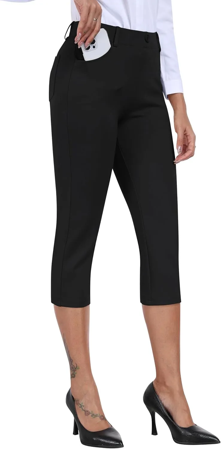 MoFiz Women's Capri Pants Summer Pull-On Stretch Straight Leg Golf Yoga & Business Casual Dressy Cropped Pants with Pockets