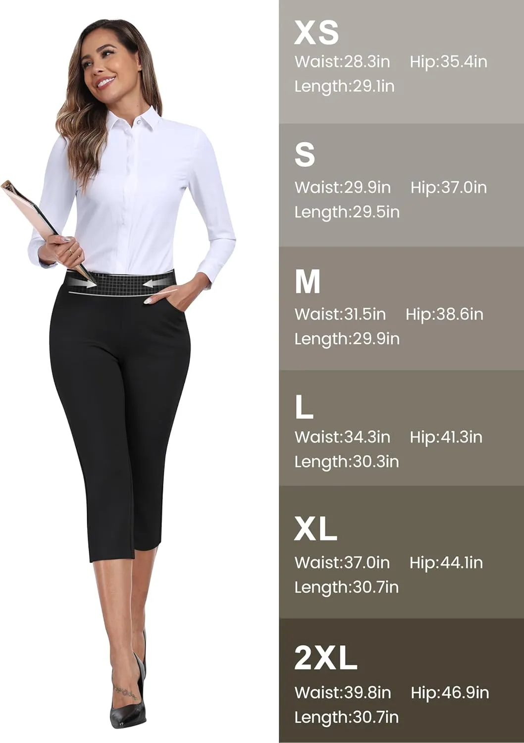 MoFiz Women's Capri Pants Summer Pull-On Stretch Straight Leg Golf Yoga & Business Casual Dressy Cropped Pants with Pockets