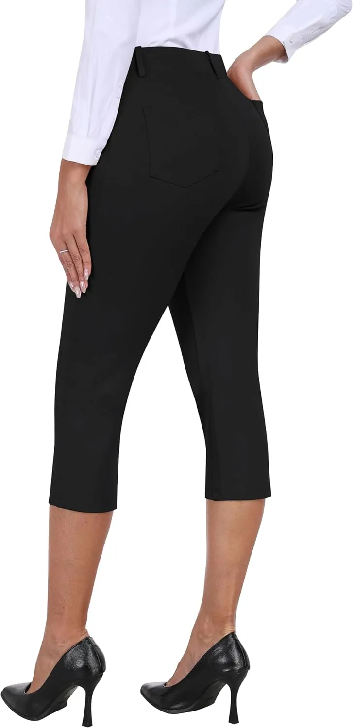 MoFiz Women's Capri Pants Summer Pull-On Stretch Straight Leg Golf Yoga & Business Casual Dressy Cropped Pants with Pockets