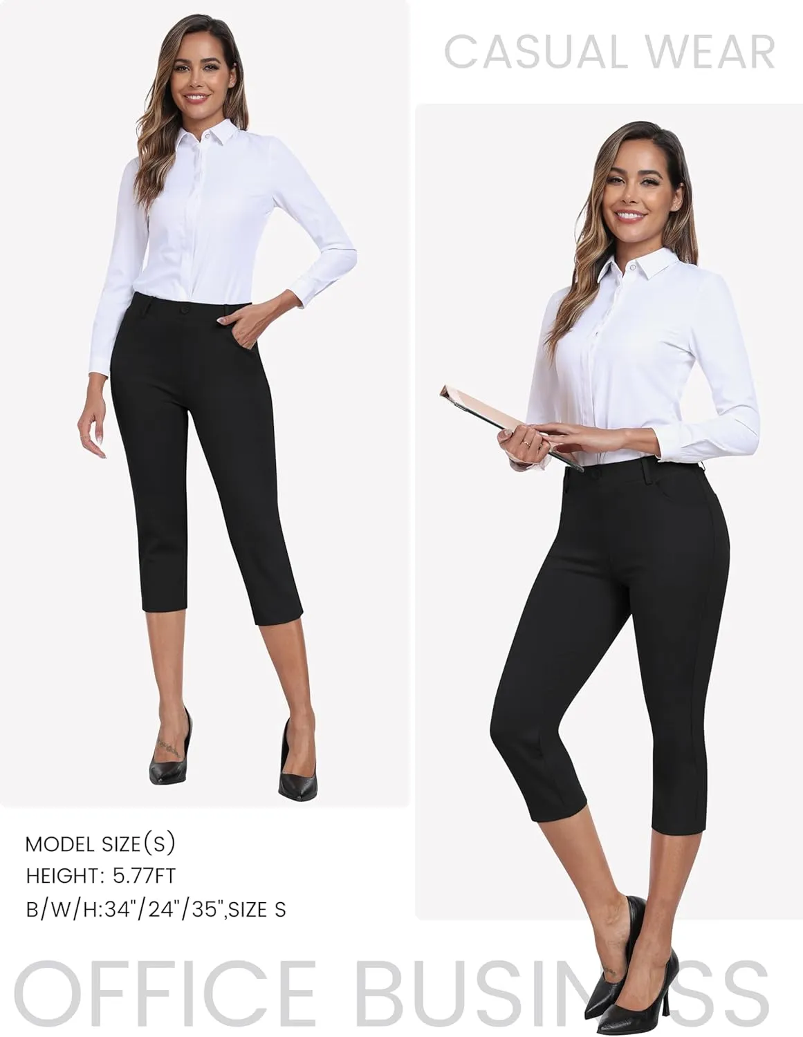 MoFiz Women's Capri Pants Summer Pull-On Stretch Straight Leg Golf Yoga & Business Casual Dressy Cropped Pants with Pockets