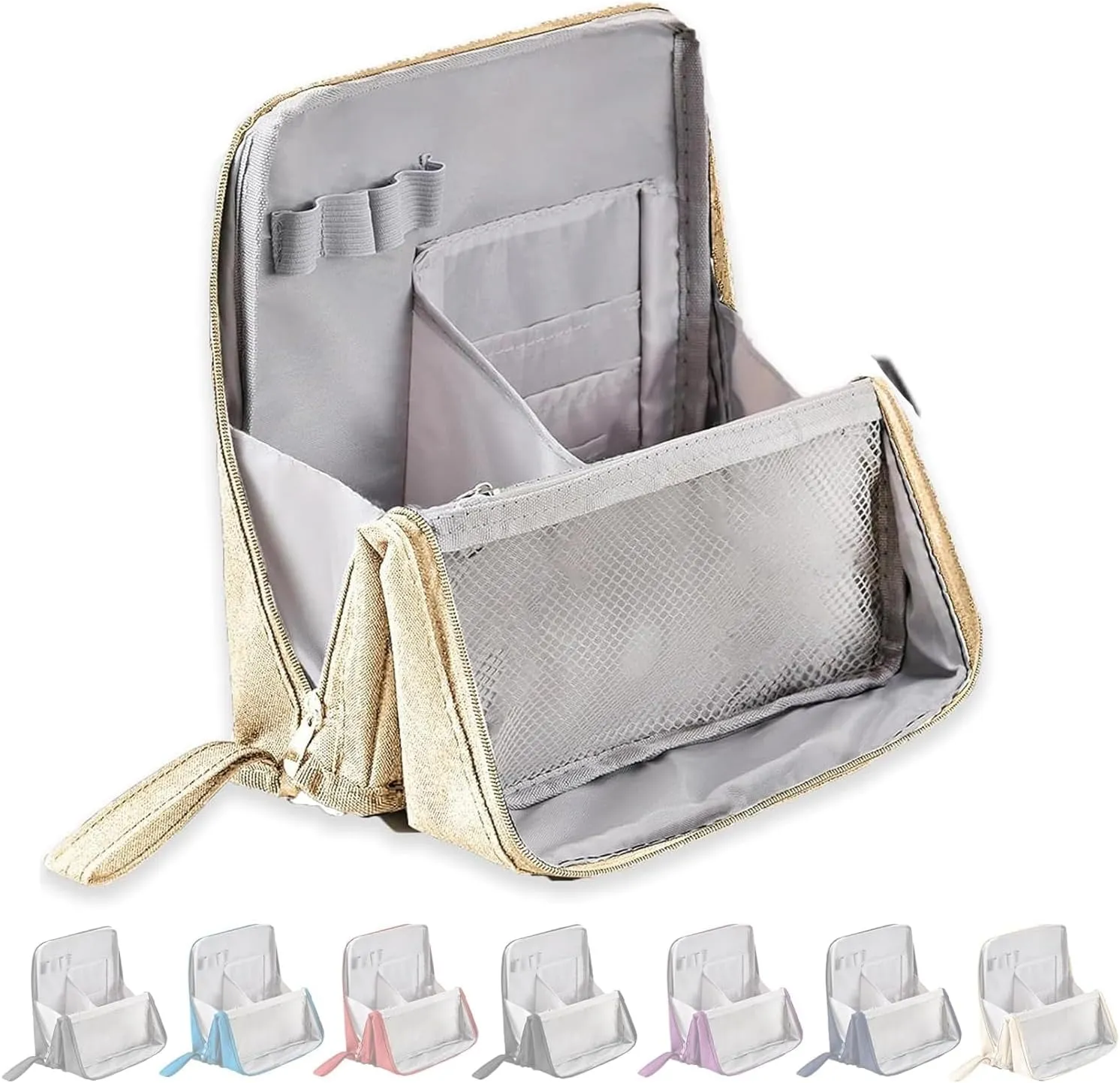 Multi-purpose Large Capacity Oxford Cloth Standing Makeup Bag, Waterproof Makeup Organizer with Compartments, Large Capacity Stationery Organizer, Portable Toiletry Bag (Beige)