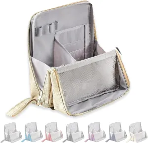 Multi-purpose Large Capacity Oxford Cloth Standing Makeup Bag, Waterproof Makeup Organizer with Compartments, Large Capacity Stationery Organizer, Portable Toiletry Bag (Beige)