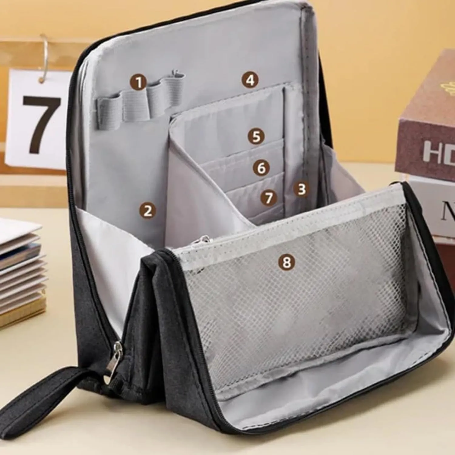Multi-purpose Large Capacity Oxford Cloth Standing Makeup Bag, Waterproof Makeup Organizer with Compartments, Portable Storage for Stationery, Toiletries and Cosmetics (Gray)