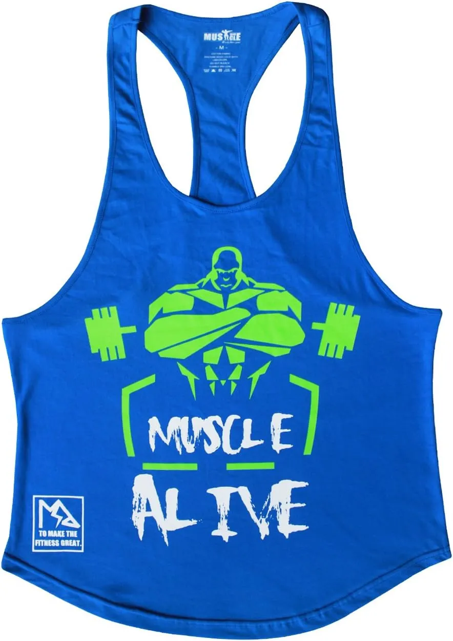 Muscle Alive Mens Bodybuilding Stringer Tank Tops Cotton Racerback Arch Hem