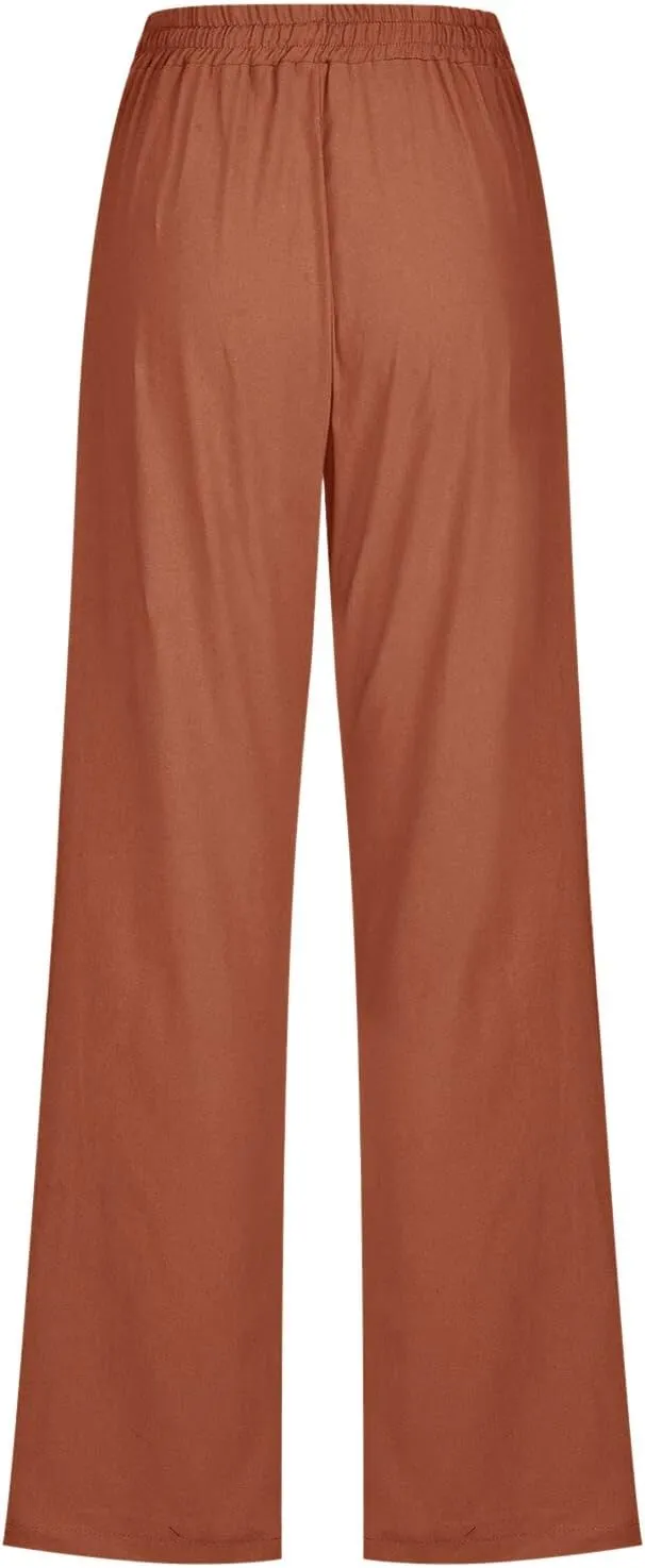 Muyise Womens Cotton Linen Casual Pants Straight Leg Drawstring Elastic High Waist Loose Comfy Palazzo Trousers with Pockets