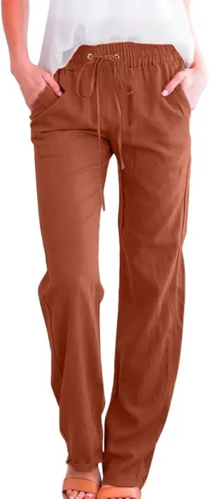 Muyise Womens Cotton Linen Casual Pants Straight Leg Drawstring Elastic High Waist Loose Comfy Palazzo Trousers with Pockets