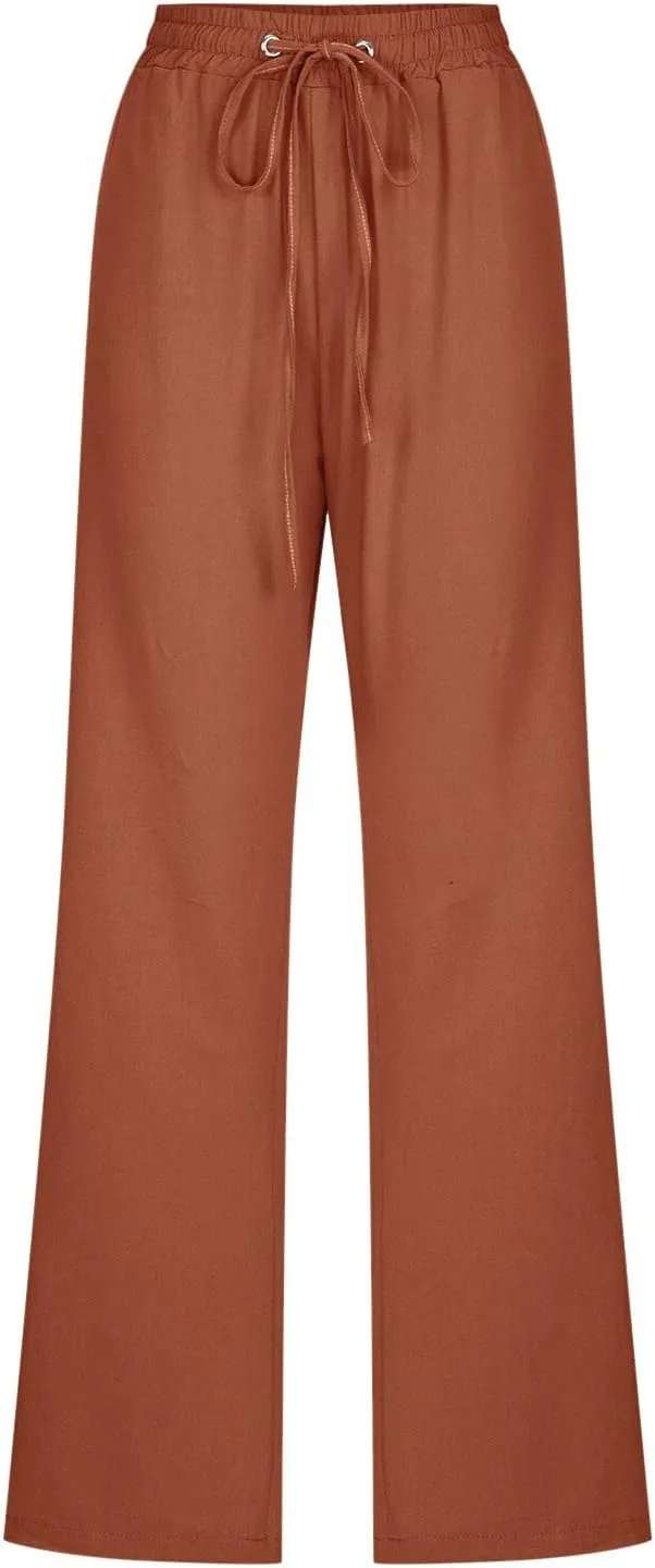 Muyise Womens Cotton Linen Casual Pants Straight Leg Drawstring Elastic High Waist Loose Comfy Palazzo Trousers with Pockets