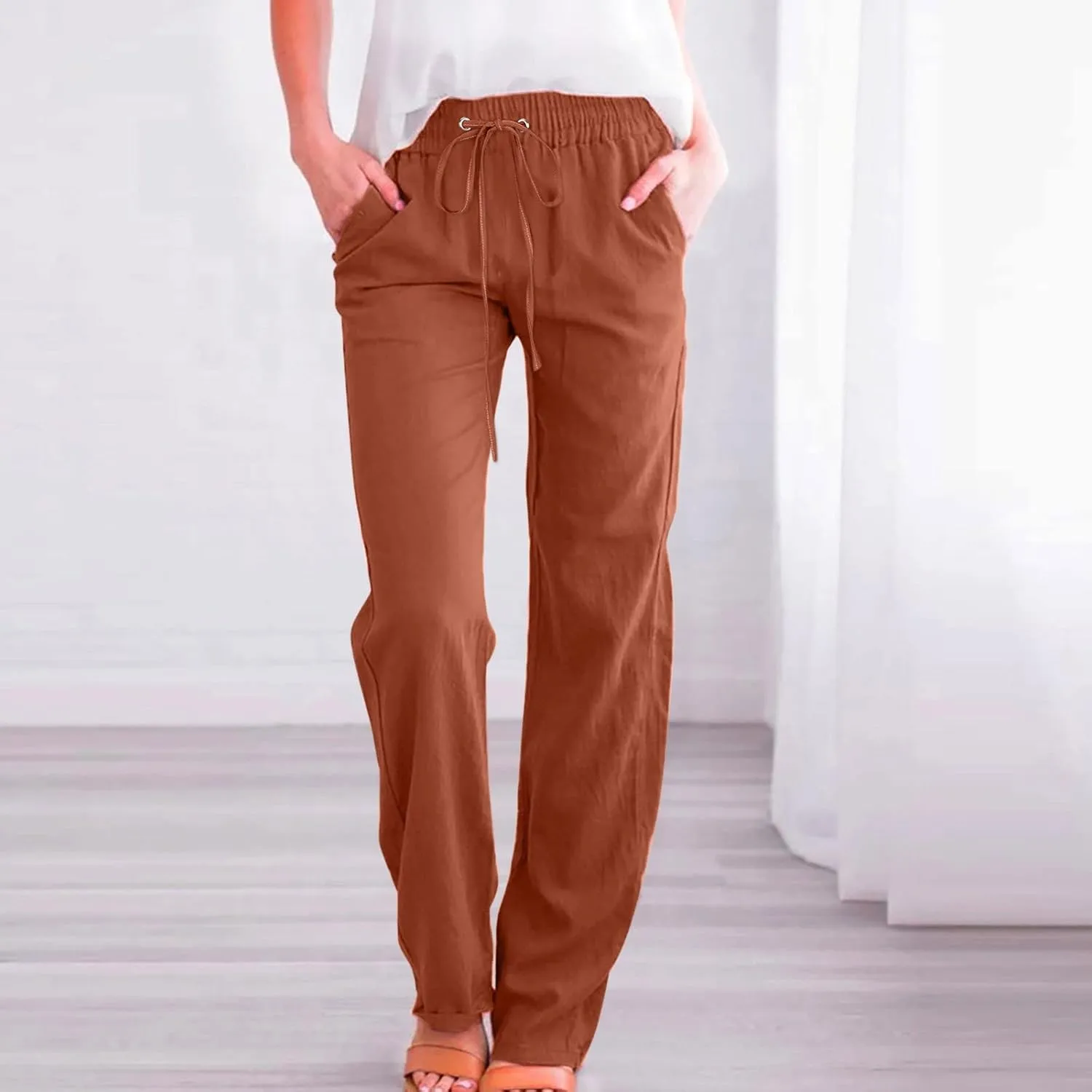 Muyise Womens Cotton Linen Casual Pants Straight Leg Drawstring Elastic High Waist Loose Comfy Palazzo Trousers with Pockets
