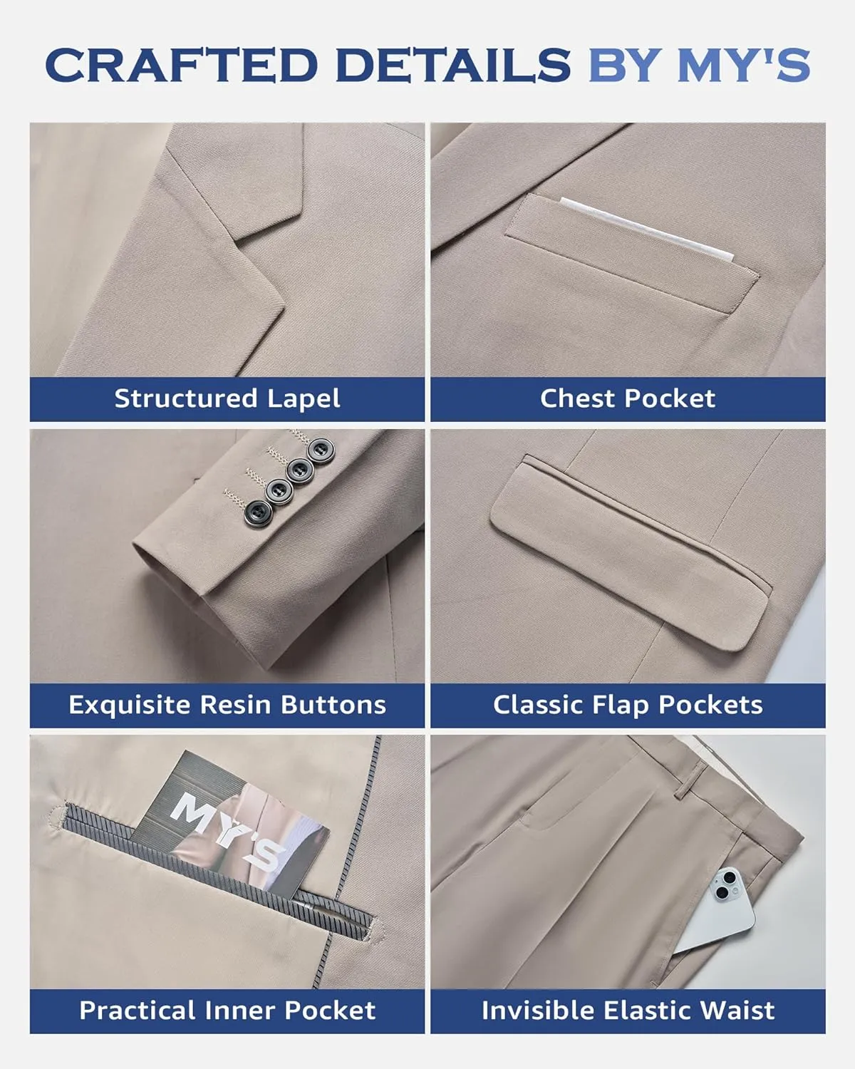 MY'S Men's 2 Piece Suit, One Button Slim Fit Jacket and Pants with Tie, Classic Blazer for Weddings Business Party