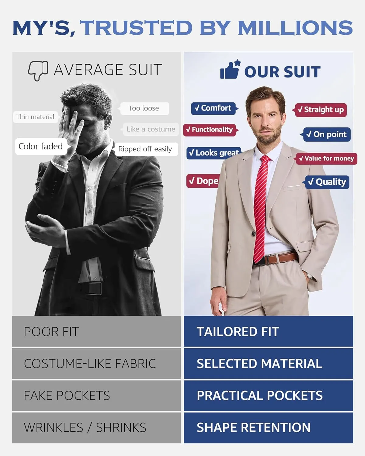 MY'S Men's 2 Piece Suit, One Button Slim Fit Jacket and Pants with Tie, Classic Blazer for Weddings Business Party