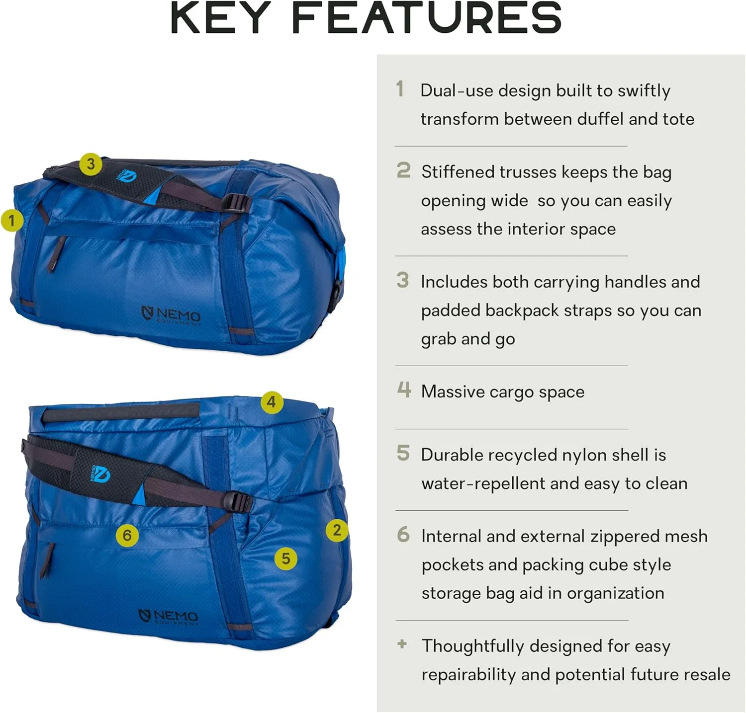 NEMO Equipment Double Haul Convertible Duffel & Tote Bag  Water-Resistant Gear Bag with Backpack Straps - 55L - Lake