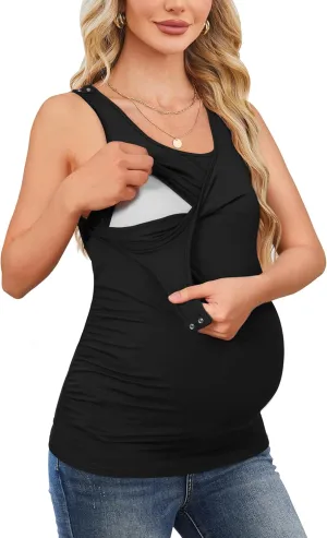 OUGES 2025 Womens Maternity Nursing Tank Tops Summer Scoop Neck Ruched Side Sleeveless Maternity Shirts Pregnancy Clothes