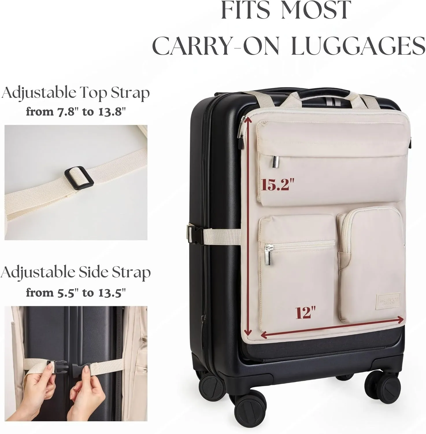 Over Luggage Organizer for Carry On Bag or Suitcase with Storage Pockets, 16 Laptop Sleeve with Handle, Travel Accessories Bag, Slide On Luggage Harness with Adjustable Straps (Ivory)